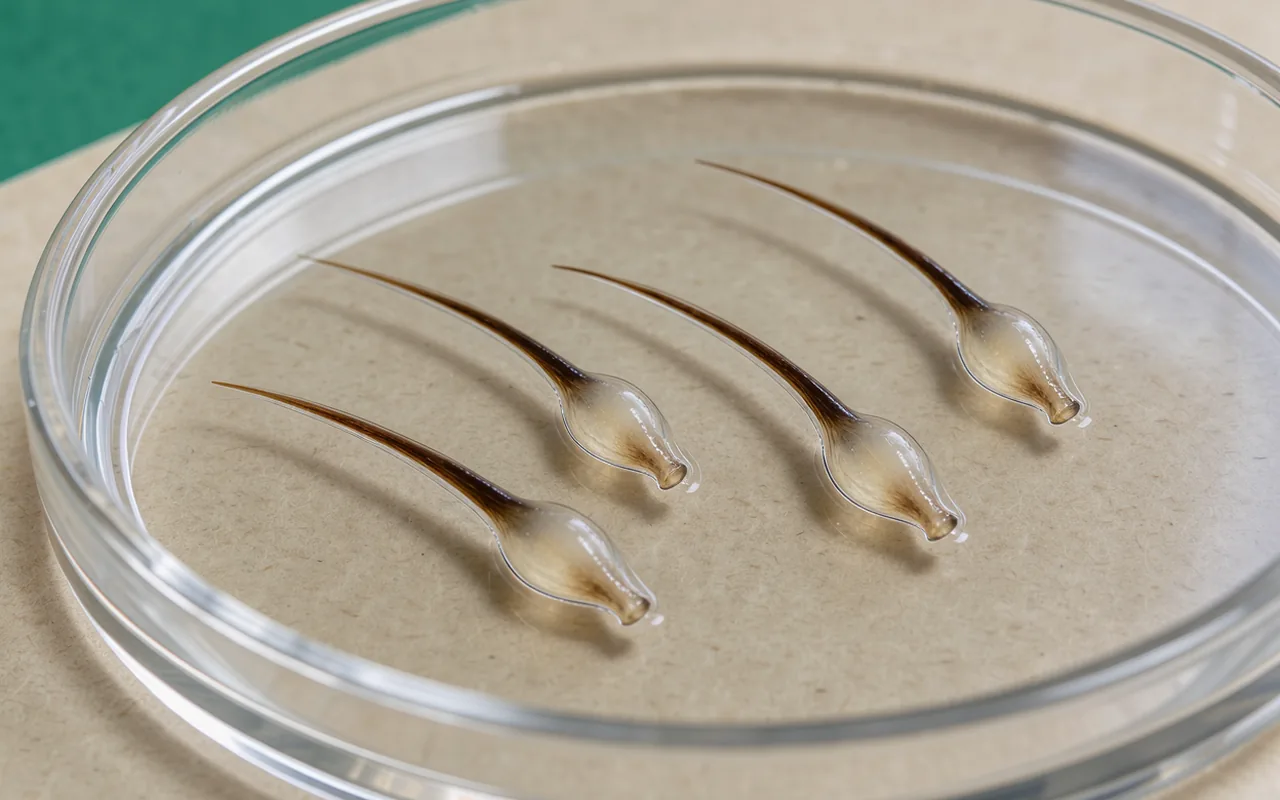 Isolated hair follicles lie in a clear culture dish viewed close up against pale paper