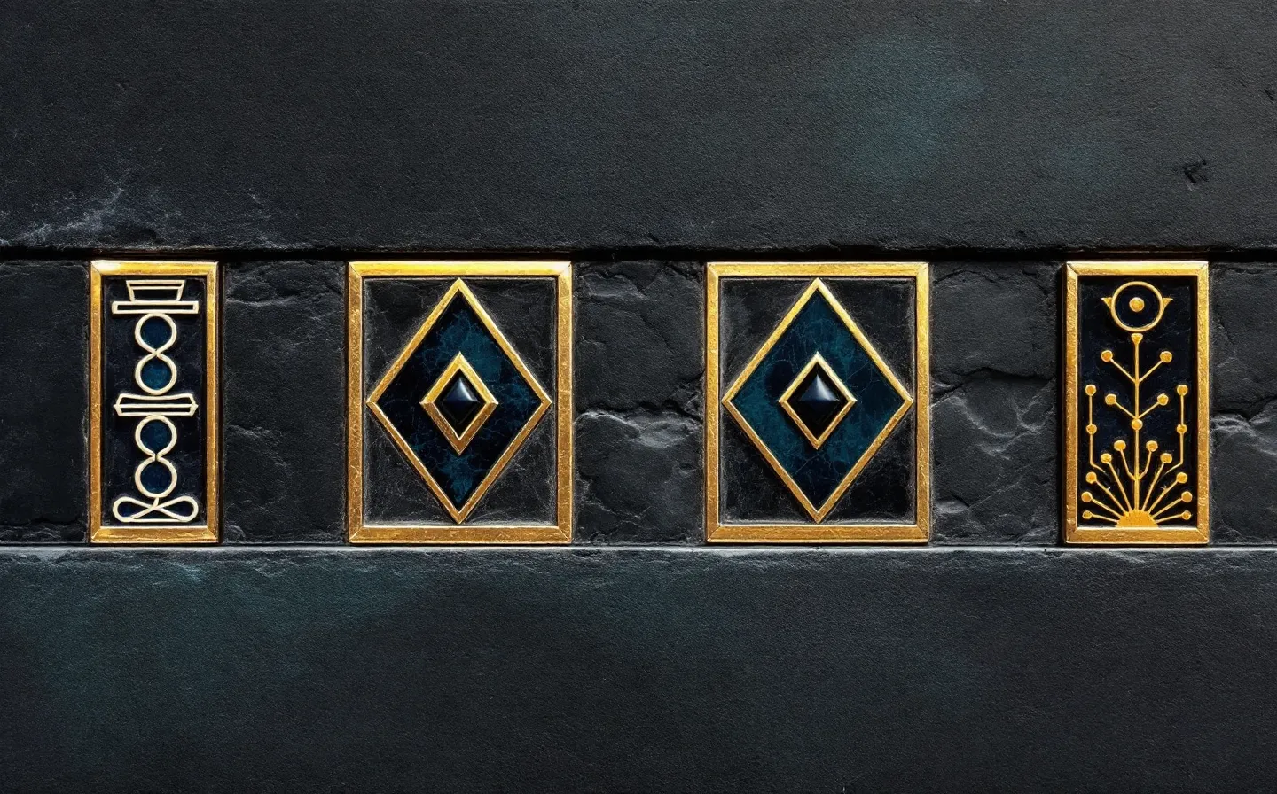 Flat Egyptian-fresco-style composition of four carved-relief columns on a dark obsidian wall representing the four peptides of the KLOW research blend, in lapis, gold and faience-turquoise inlay