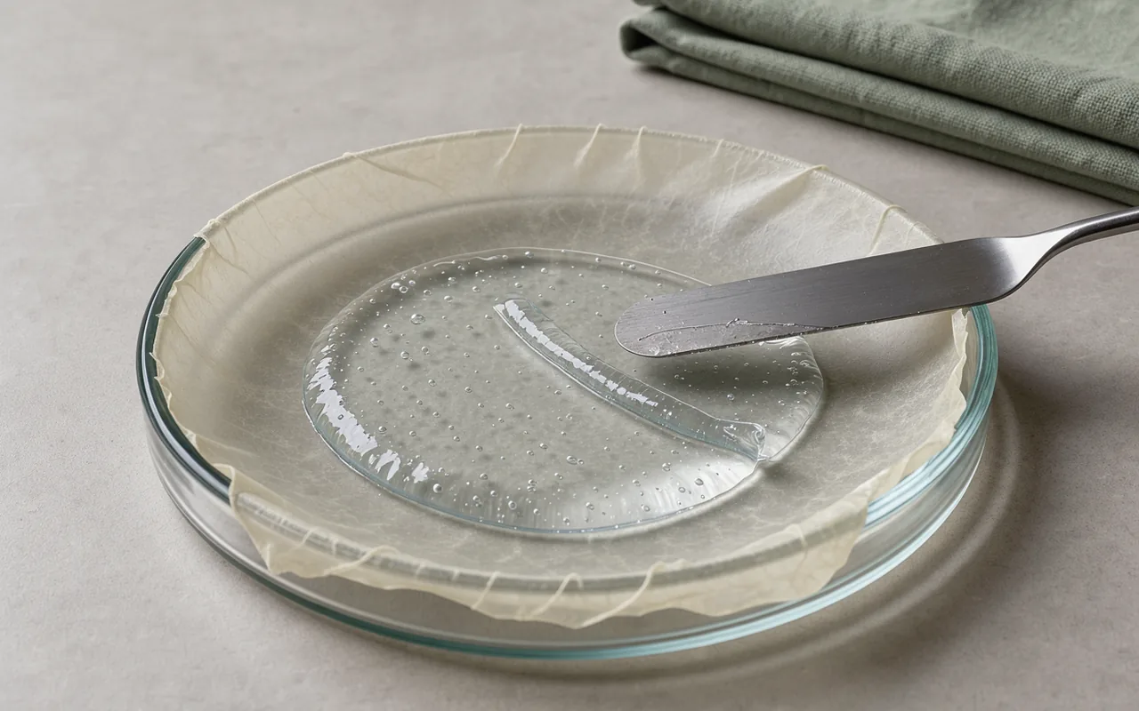 A clear gel rests on a flexible pale membrane held over a shallow glass dish