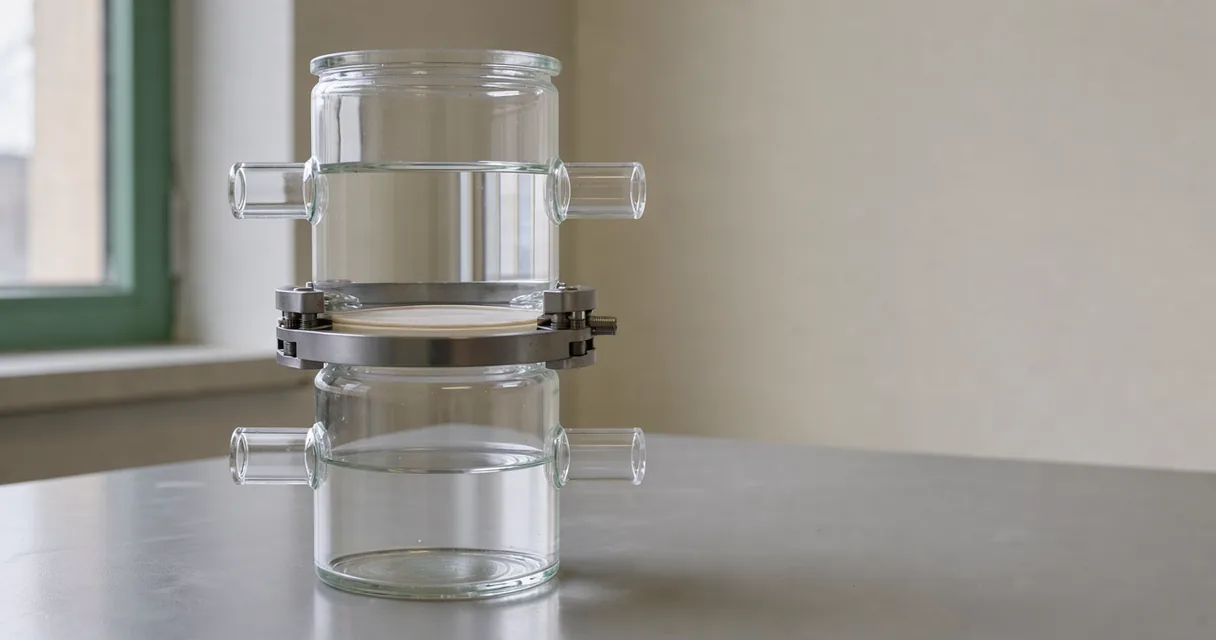 A glass skin-permeability chamber with a thin membrane held between its upper and lower halves