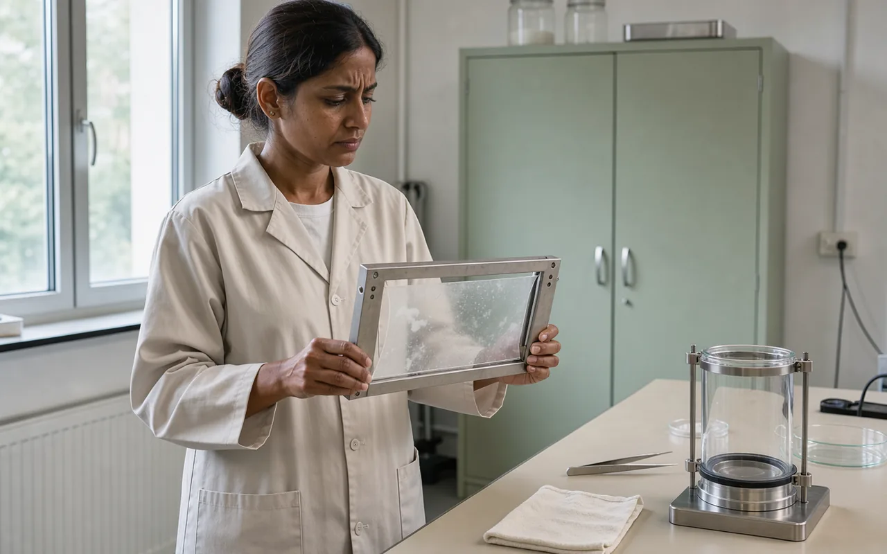 An adult laboratory worker holds a translucent membrane beside a glass testing chamber